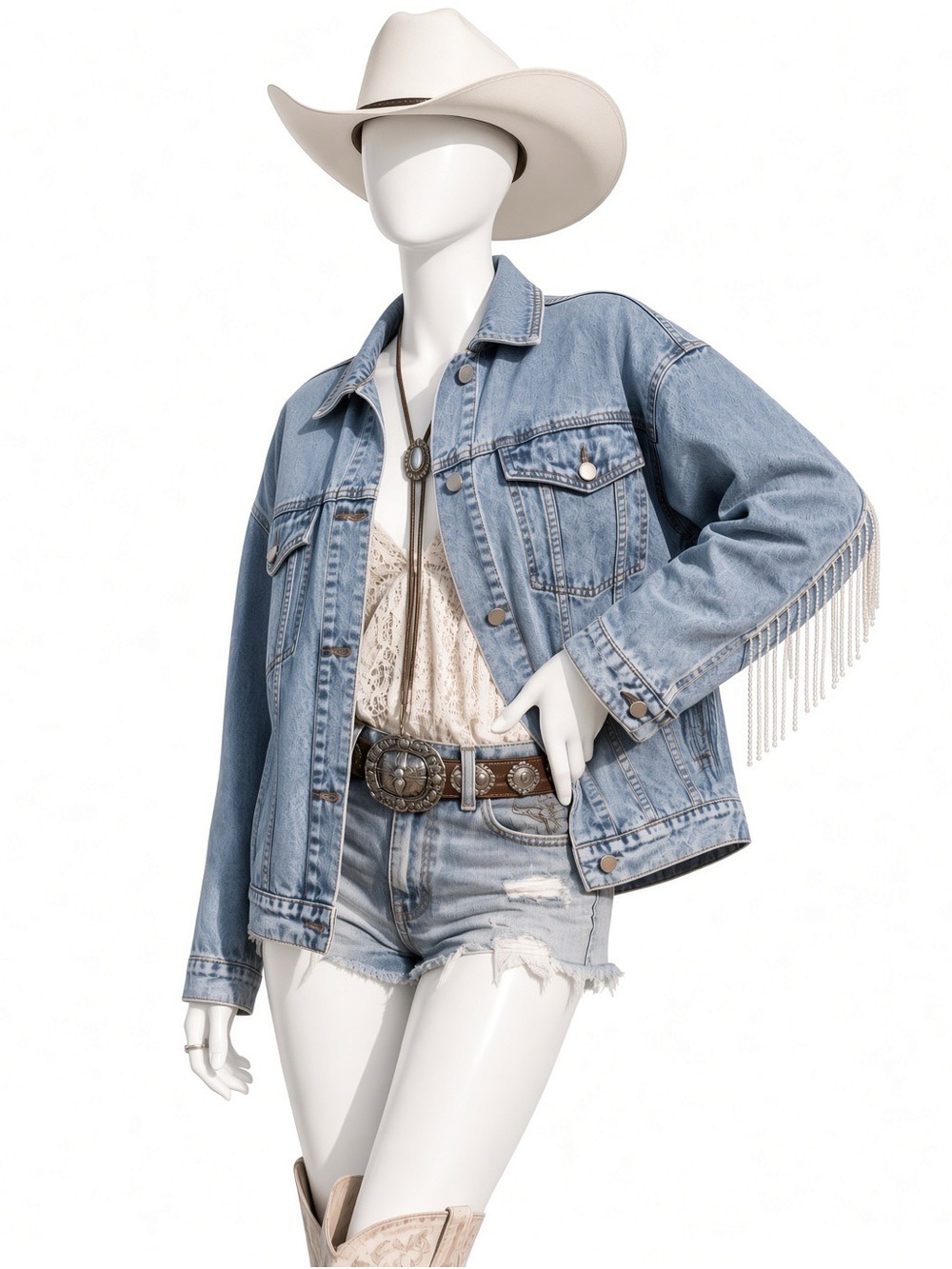 MAIN STRIP oversized rhinestone fringe jean jacket S M L